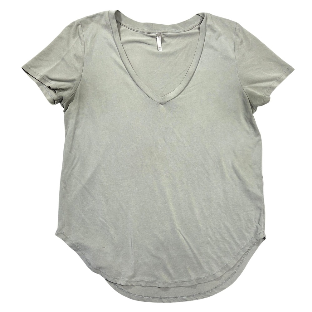BKE Core Women Sage Green V-Neck Short Sleeve Curved Hem Modal Tee S Western